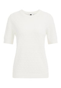Pull blanc à manches courtes avec des points texturés sur toute sa surface, un col rond et des poignets et un ourlet côtelés. Matière en tricot lisse.