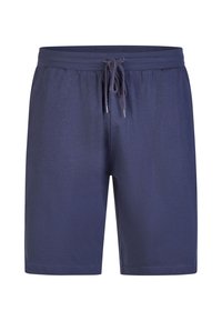 Námořnické modré volnočasové šortky s elastickým pasem a předním šňůrkovým stahováním, až ke kolenům, vyrobené z měkkého materiálu.