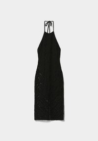 Robe midi noire en crochet à col licou avec fermeture à nouer dans le dos, présentant un motif ajouré en forme de feuille.