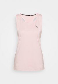 Light pink sleeveless athletic top with a round neckline, featuring a black logo on the chest and a contrasting black trim at the collar.