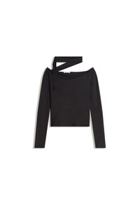 Čierny dlhý rukáv crop top s off-shoulder dizajnom a asymetrickým detailom ramienka na jednej strane.
