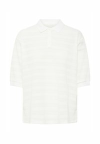 Witte gebreide polo shirt met korte mouwen, een klassieke kraag en subtiele horizontale strepen in verschillende texturen.