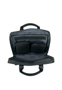 Schwarze Laptoptasche mit gestepptem Innenfutter, ausgestattet mit zwei schwarzen Taschen, Reißverschlusstasche und oberen Griffen für einfaches Tragen.