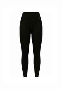 Black leggings made from stretchy fabric, featuring a smooth texture, fitted design, and a small logo on the upper left side.