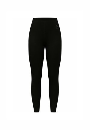 Black leggings made from stretchy fabric, featuring a smooth texture, fitted design, and a small logo on the upper left side.