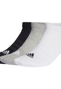 Drei Paar Knöchelsocken in Schwarz, Grau und Weiß mit einem gerippten Design und elastischen Bündchen. Jede Socke zeigt ein Logo auf der Seite.