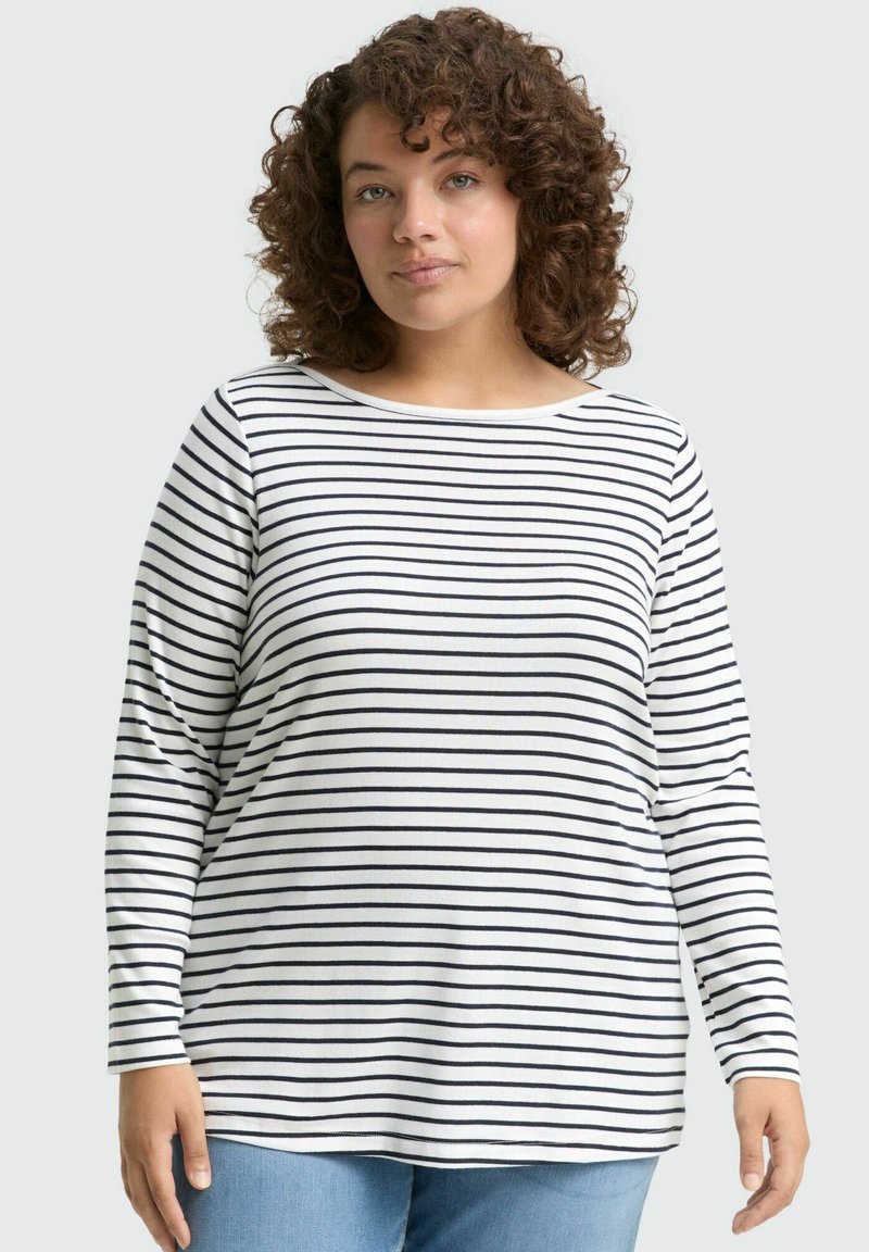 Langarm-T-Shirt aus weicher Baumwolle, mit schwarz-weißen horizontalen Streifen, rundem Ausschnitt und lockerer Passform.