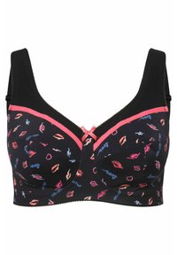 Zwarte bh met een kleurrijk lippenafdruk ontwerp, roze accenten, brede bandjes en een strikdetail in het midden. Zacht materiaal met een gladde textuur.