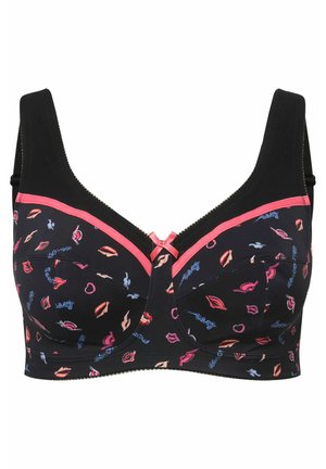 Sujeción negra con un diseño colorido de labios, acentos rosas, tirantes anchos y un detalle de lazo en el centro. Tejido suave con una textura lisa.