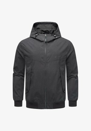 Czarna kurtka z kapturem, wykonana z gładkiego materiału, z zamkiem błyskawicznym, dwoma bocznymi kieszeniami oraz prążkowanymi mankietami i dołem. Minimalistyczny design.