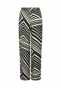 Black and cream wide-leg trousers featuring a geometric zigzag pattern and an elastic waistband for comfort. Soft, lightweight fabric.