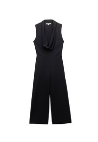 Schwarzer �ärmelloser Jumpsuit mit einem gerafften Drape-Ausschnitt, weiter Beinform und glatter Textur für eine schlanke Silhouette.