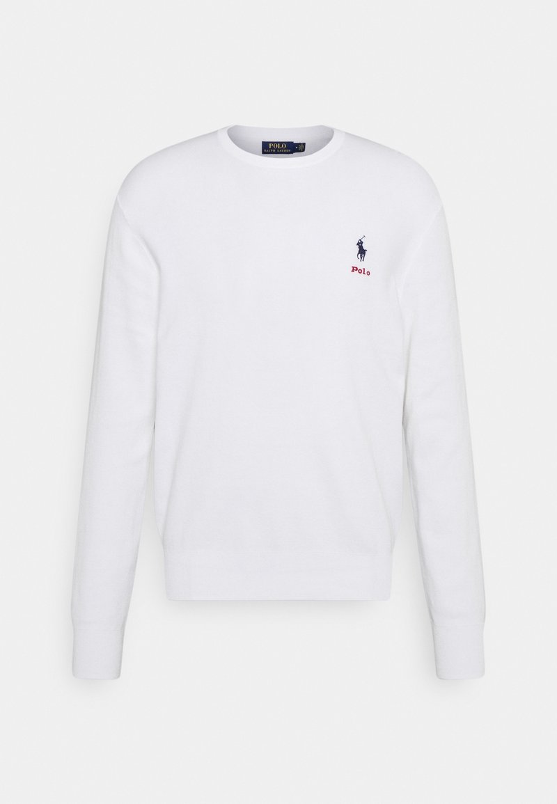 Sweatshirt blanc à manches longues en coton avec un col et des poignets côtelés. Présente un petit logo bleu et le texte "Polo" en rouge sur la poitrine.