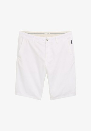 Hvide shorts med lynlås og knappelukning, to side lommer, samt et tekstureret stof med diskrete syninger.