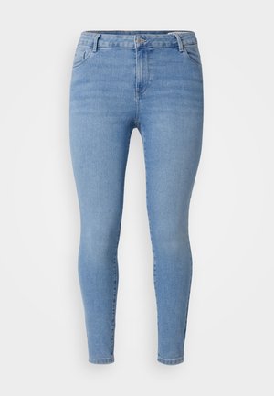 Lichtblauwe skinny jeans gemaakt van denim, met een klassiek vijf-pocket ontwerp, ritssluiting en smalle broekspijpen. Glad oppervlak met een lichte vervaging.