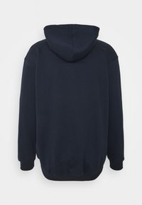 Marinblå huva sweatshirt, tillverkad av bomull, med en lös passform, ribbade muddar och fåll, med en slät yta och utan synliga logotyper.