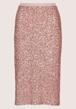 Paillettenkokerrok in roségoud, met een aansluitende pasvorm, zachte tailleband en overal glanzende pailletten voor een gestructureerd oppervlak.