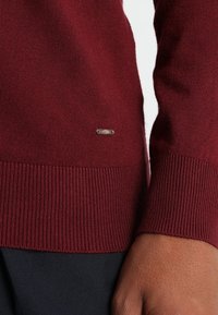 Maglione lavorato a maglia color bordeaux con orlo e polsini a coste. Piccola etichetta in metallo vicino al fondo. Texture morbida, design aderente.