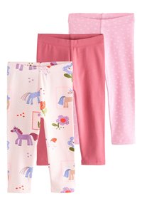 Drei Paar Leggings: ein Paar mit Einhorn- und Blumenmuster, ein einfarbiges pinkes Paar und ein hellrosa Paar mit Polka-Dots. Alle haben einen elastischen Bund und bestehen aus Baumwollmischung.