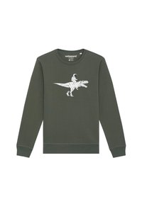 Donkergroene sweatshirt van zacht materiaal met een witte afbeelding van een astronaut die op een dinosaurus rijdt, over de borst. Geribbelde mouwen en zoom.