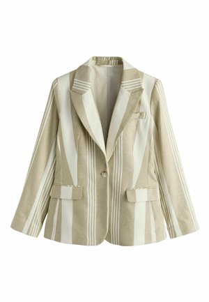 Beżowo-biała marynarka w pionowe paski, z klapą wciętą, pojedynczym zapięciem na guzik, kieszeniami z patkami i długimi rękawami.