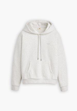Jasnoszara bluza z kapturem z przednią kieszenią, sznurkiem i ściągaczami. Miękka tkanina o subtelnej teksturze i minimalnym logo.