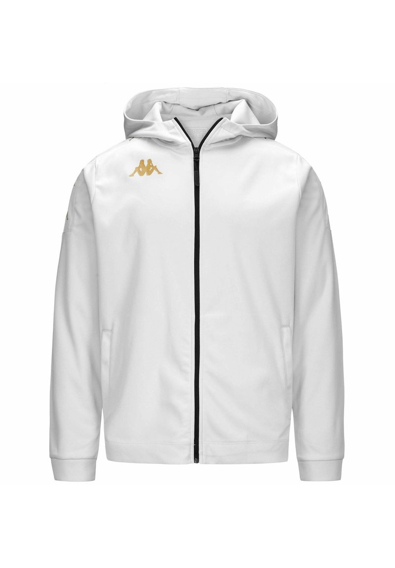 Giacca bianca con cappuccio, zip nera, logo Kappa dorato sul lato sinistro del petto e due tasche laterali; texture liscia e design sportivo.