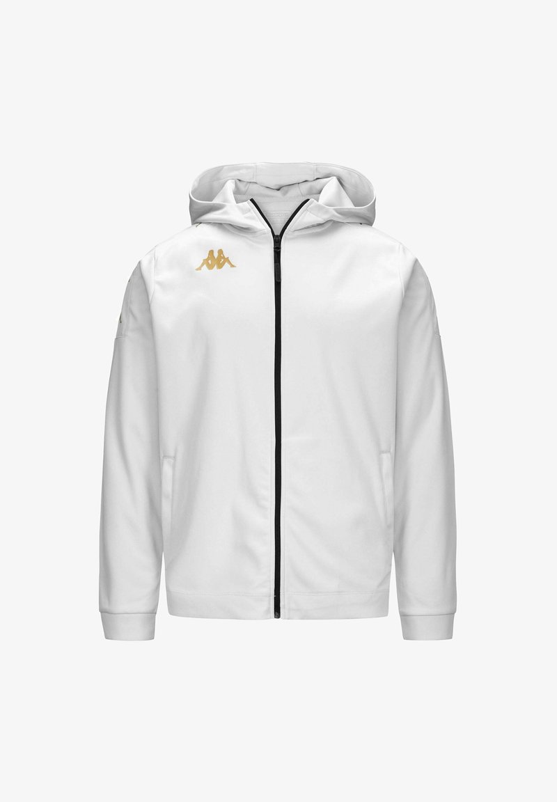 Giacca bianca con cappuccio, zip nera, logo Kappa dorato sul lato sinistro del petto e due tasche laterali; texture liscia e design sportivo.