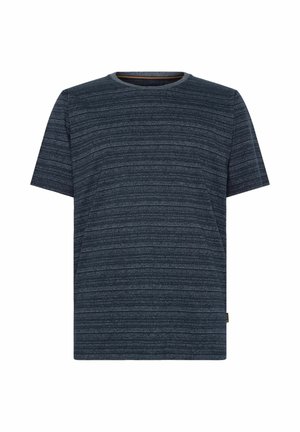 Tumedate triibuline lühikeste varrukatega T-särk, mis on valmistatud pehmest kangast; ümmargune kaelus tekstuuriga viimistlusega ja väike logo detail alla servas.