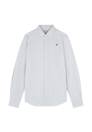 Camisa de manga larga a rayas azules y blancas con cuello abotonado, que presenta un pequeño logo en navy en el pecho y botones amarillos.
