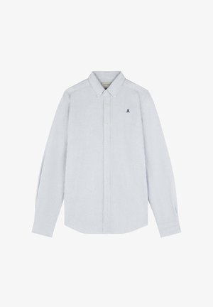 Blue and white striped long-sleeve shirt with a button-down collar, featuring a small navy logo on the chest and yellow buttons.