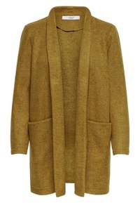 Senapsgul cardigan med en mjuk textur, öppen fram, långa ärmar och två framfickor. Inga knäppningar eller dekorationer.