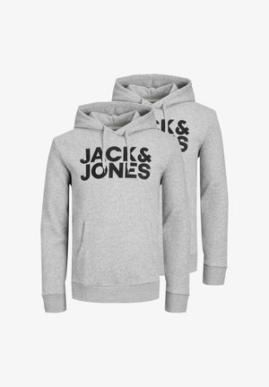 To lysegrå hættetrøjer med forlommer og "JACK & JONES" trykt med store sorte bogstaver på brystet.