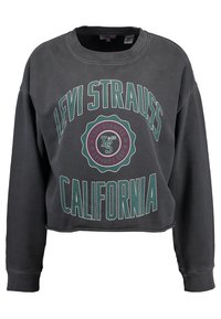 Czarnoszary krótki sweatshirt z napisem "Levi Strauss California" oraz okrągłym logo w zielonym i burgundowym na przodzie.