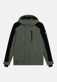 Giacca verde e nera, dotata di cappuccio, tasca con zip e maniche in contrasto. Realizzata in materiale resistente all'acqua con una texture liscia.