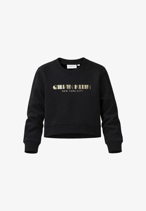 Felpa nera corta con logo dorato "Calvin Klein New York City" centrato sul petto, con maniche lunghe e polsini e orlo a costine.