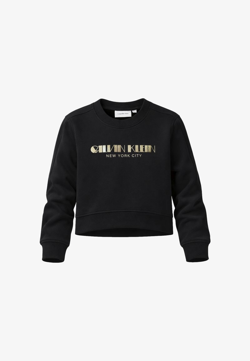 Felpa nera corta con logo dorato "Calvin Klein New York City" centrato sul petto, con maniche lunghe e polsini e orlo a costine.