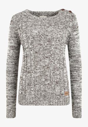 Gebreide trui met een textuur in een bruin en crème kleurensamenstelling, voorzien van een ronde hals, lange mouwen en twee knoopaccenten op de schouder.