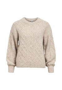 Suéter beige de punto trenzado con cuello redondo, mangas largas y puños y dobladillo acanalados. Textura suave y patrones de diamante en toda la prenda.