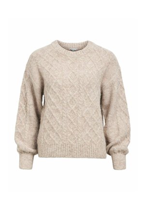 Maglione beige a maglia con collo rotondo, maniche lunghe e polsini e fondo a costine. Texture morbida e motivi a losanga in tutto il capo.