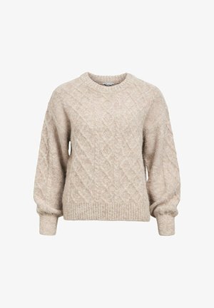 Beige svetr z pleteniny s kulatým výstřihem, dlouhými rukávy a žebrovanými manžetami a lemem. Měkká textura a diamantové vzory po celém oděvu.