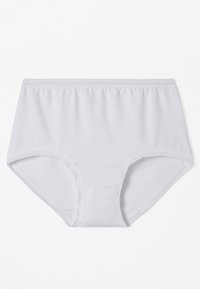 Slip in cotone bianco con una texture liscia, elastico in vita e bordo in pizzo lungo i bordi. Forma classica hipster con copertura completa.