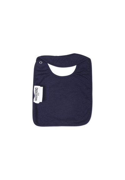 Bavaglino in cotone navy con scollatura rotonda, chiusura a scatto e un'etichetta bianca sul lato con il testo del marchio. Texture morbida e design semplice.