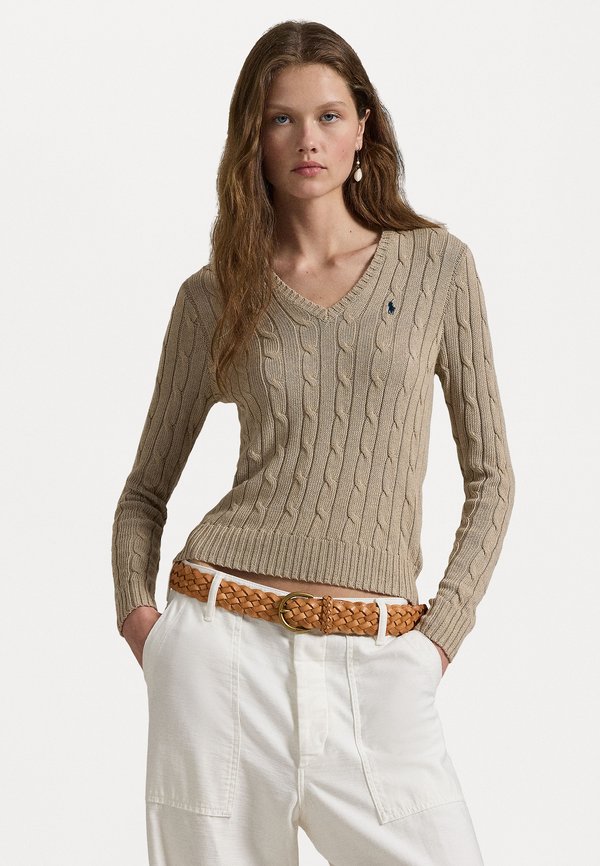 CABLE KNIT COTTON V NECK SWEATER - Jumper - light saddle heather