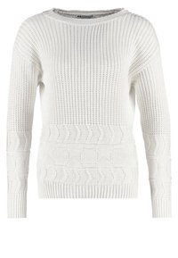 Biały sweter z dzianiny z długimi rękawami, okrągłym dekoltem i teksturowanymi wzorami na tułowie, z prążkowanym wykończeniem na dole i mankietach.