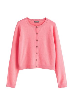 Pink cropped long-sleeve cardigan with round neck and seven brown buttons down the front, made of soft knit fabric.