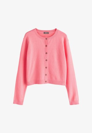 Růžový krátký kardigan s dlouhým rukávem, kulatým výstřihem a sedmi hnědými knoflíky vpředu, vyrobený z měkké pletené tkaniny.