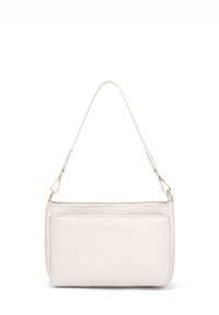 Borsa a tracolla in pelle bianca con finitura testurizzata, con una tracolla corta e accessori in tono oro. Presenta una forma sottile e rettangolare e una tasca frontale.