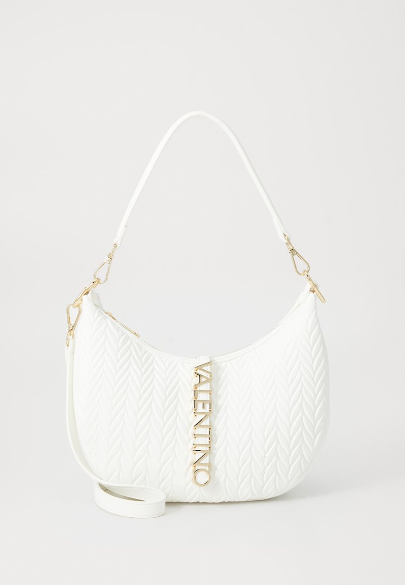 White quilted handbag with a curved shape, featuring gold hardware and a prominent "Valentino" logo. Includes a removable shoulder strap.