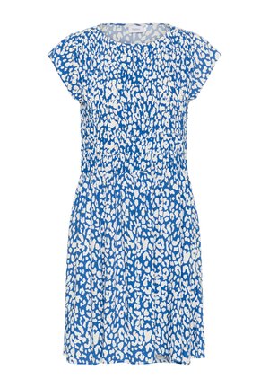 Sinine kleit valge abstraktse leopardimustriga, lühikeste varrukatega, ümar kaelus ja volangvöö. Valmistatud kergest kangast.